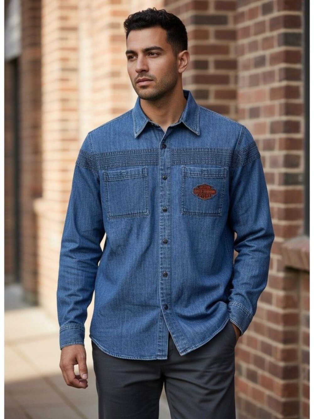 Harley-Davidson Mens Denim Button-Up Shirt Embroidered Logo L Cotton Long Sleeve